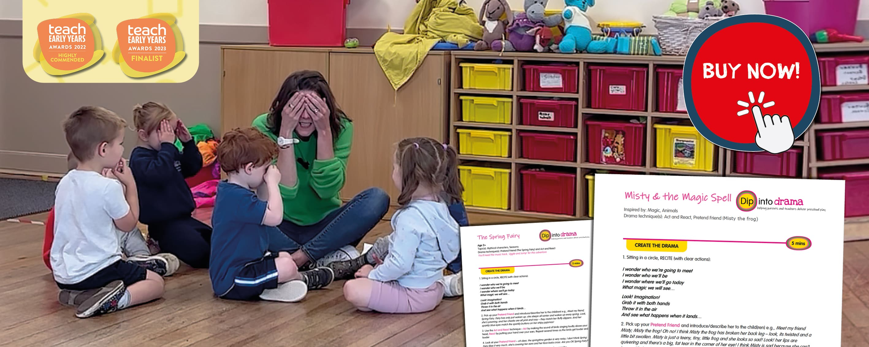 Preschool tecaher in bright green jumper sat cross legged on the floor surrounded by preschool children. She has her hands over her eyes, playing a game.