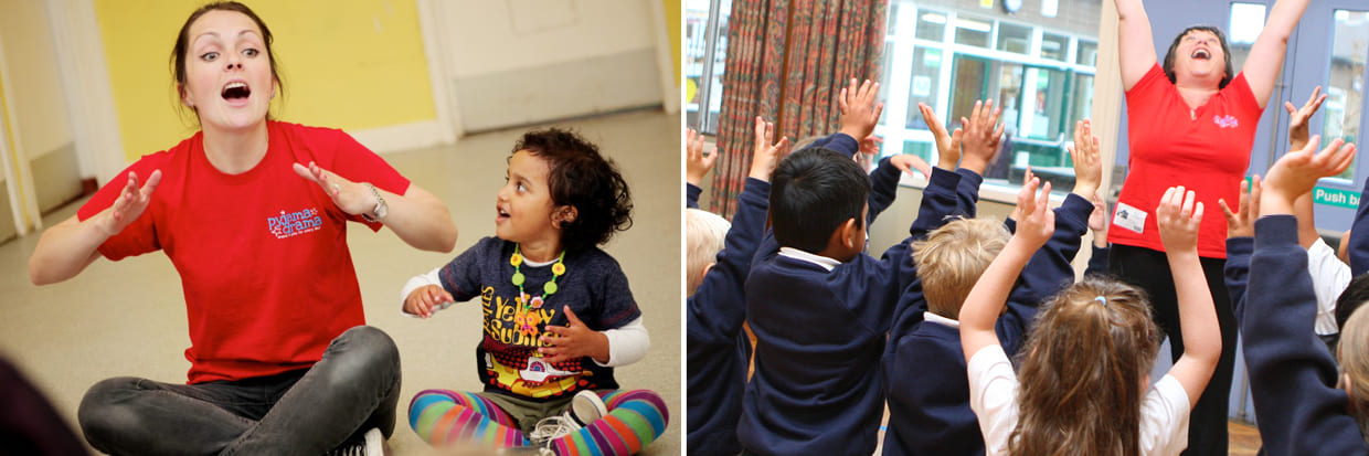 A Pyjama Drama franchisee is captivating a young child in a preschool setting. Another franchisee is entertaining a group of Primary School children.
